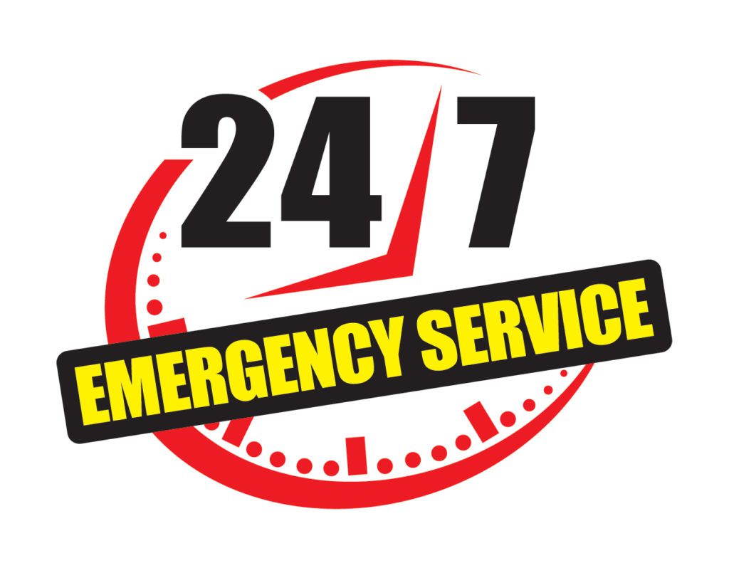 A red and black clock graphic with "24 7" above it, overlaid with a yellow and black "EMERGENCY SERVICE" banner, perfect for promoting burst pipe repair.