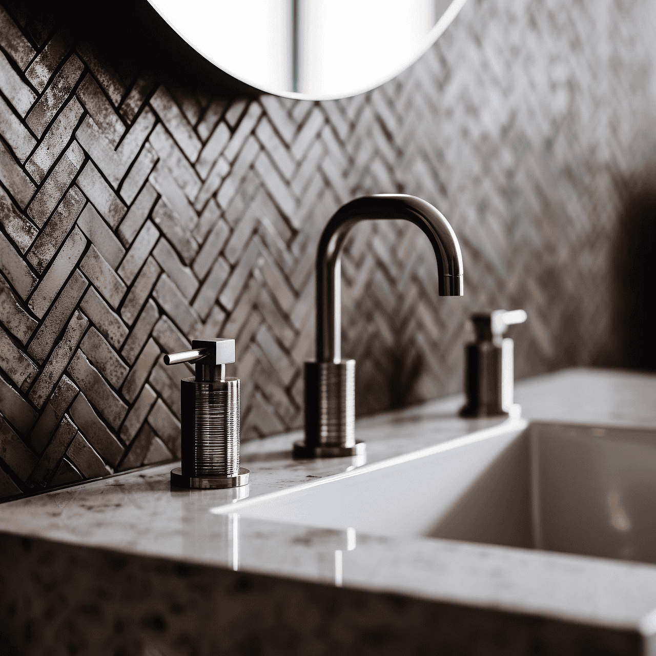 Close-up of a bathroom sink faucet